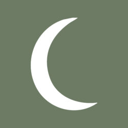 A white crescent moon symbol on a muted green background.
