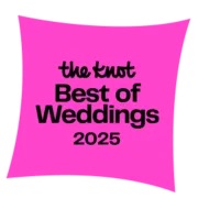 Logo with a pink square and the text "the knot Best of Weddings 2025" in black.