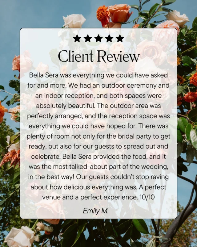 Spend your wedding day at Bella Sera and experience the perfect wedding flow! From your morning cup of coffee to your sparkler sendoff, we are happy to host you and your loved ones all day long. 

📸: @taaayollaphoto